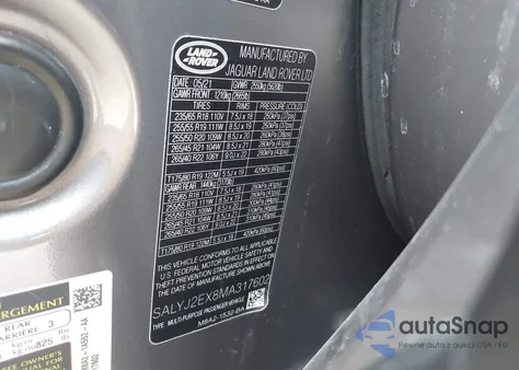 2021 Land Rover Range Rover Velar P250 S из США, поврежденный, VIN SALYJ2EX8MA317602